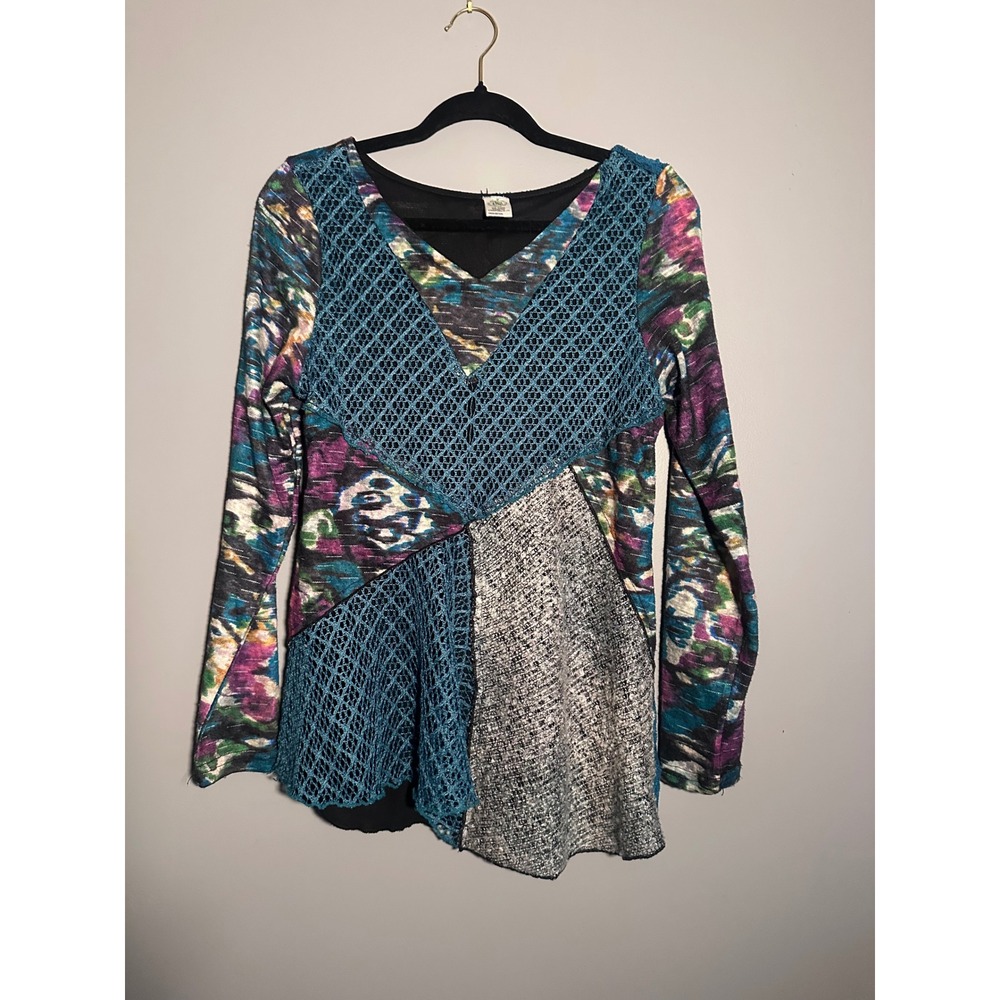 This & That Womens Multicolor Mixed Media Patchwork Crochet Top Small